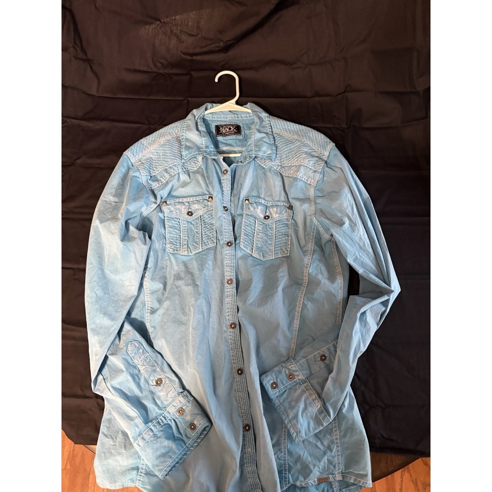 Distressed Buckle Black Blue Men's XL  Button-Up Shirt Long‎ Sleeve Embroidered